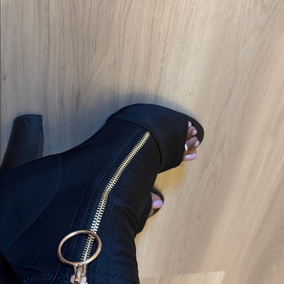 bebe Black Heeled Peep-Toe Boots with Gold Zipper - Picture 8 of 8